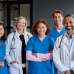 Group of doctors and medical professionals in scrubs and white coats standing together.